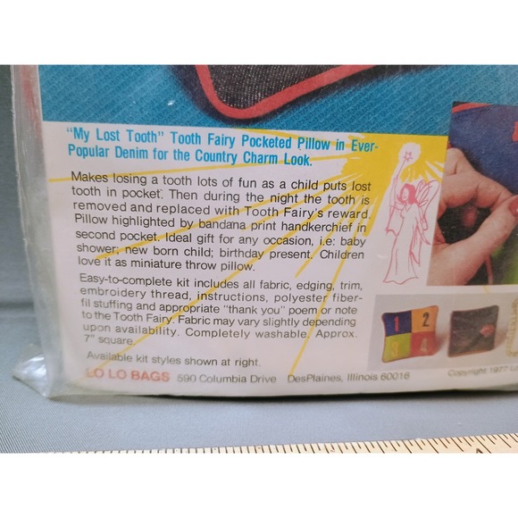 Vtg 1977 LO LO BAGS Tooth Fairy Pillow Craft Kit TF431 My Lost Tooth Jean Denim - Picture 2 of 8